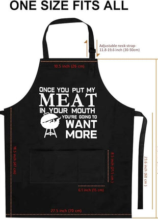 Funny Grilling Apron for Men, Adjustable Black BBQ Cooking Apron with Three Large Pockets, Chef Kitchen Apron for Barbecue and Outdoor Use, Gift for Dad, Husband, Boyfriend