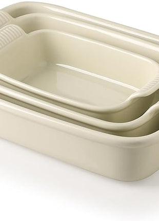 Sweejar Baking Pans Set, Ceramic 9x13 Baking Dish with Handle, Rectangular Casserole Dishes for Oven, Bakeware Sets of 3, Durable Lasagna Pan Deep for Kitchen, Banquet, Wedding Gift(Beige)
