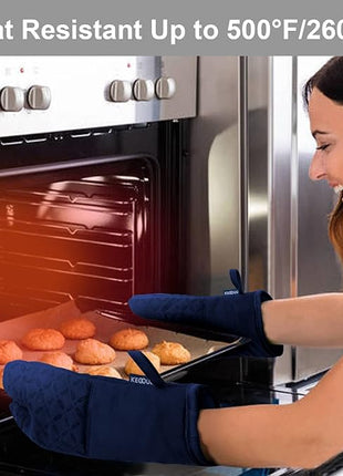 KEGOUU Oven Mitts and Pot Holders 6pcs Set, Kitchen Oven Glove High Heat Resistant 500 Degree Extra Long Oven Mitts and Potholder with Non-Slip Silicone Surface for Cooking(Marine Blue)