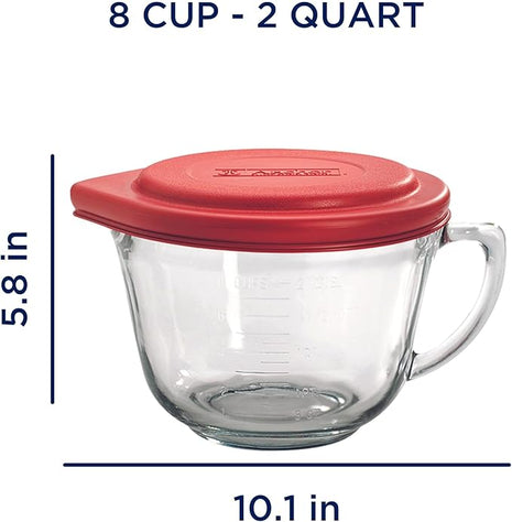 Anchor Hocking Batter Bowl, 2 Quart Glass Mixing Bowl with Red Lid