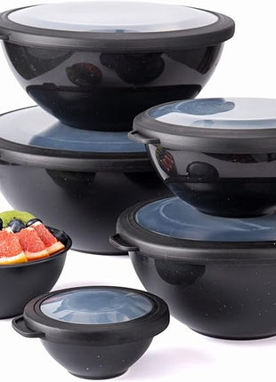 COOK WITH COLOR Mixing Bowls with TPR Lids - 12 Piece Plastic Nesting Bowls Set includes 6 Prep Bowls and 6 Lids, Microwave Safe (Speckled Black)