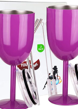 AMZUShome Stainless Steel Wine Glasses(2 Pack).Double Walled Vacuum Insulated Wine Tumbler Cups With Lid and Straw.Friendship,Christmas,Birthday Gifts for Women Men Friends Dad Mom(10oz Purple)