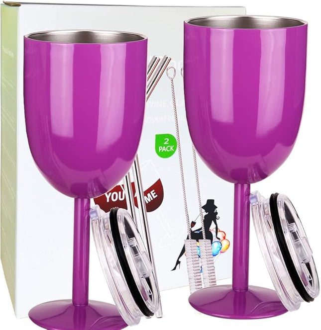 AMZUShome Stainless Steel Wine Glasses(2 Pack).Double Walled Vacuum Insulated Wine Tumbler Cups With Lid and Straw.Friendship,Christmas,Birthday Gifts for Women Men Friends Dad Mom(10oz Purple)