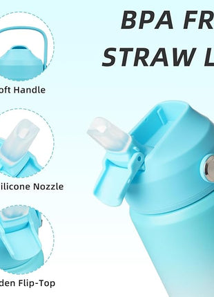 BJPKPK Insulated Water Bottle with Straw Lid, 12oz Thermo Water Bottles, Flex Handle & Non-slip Boot, BPA Free Leak Proof Stainless Steel Metal Thermo, Tumblers, Cups, Sea Salt