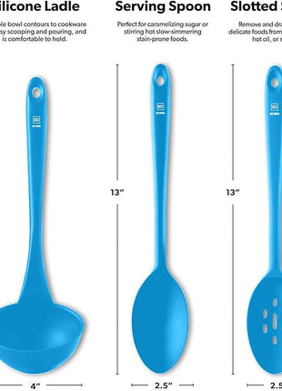 DI ORO Silicone Ladle & Spoons for Cooking – Large Kitchen Spoons for Mixing, Serving, & Stirring - Soup Ladle with Wide Bowl - High Heat Silicone Kitchen Utensils for Nonstick Cookware Safe (Blue)
