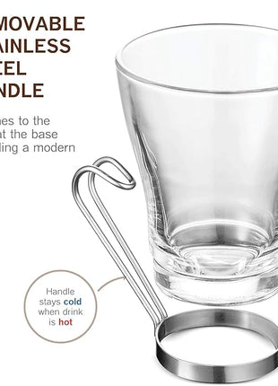 Bormioli Rocco Oslo 7.5 oz. Cappuccino Tempered Glass Cup with Removable Stainless Steel Handle for Coffee, Tea, Lattes, and Hot Drinks, Set of 4