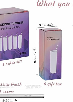 6 Pack 20 Oz Straight Skinny Tumblers,Individually Gift Boxed Stainless Steel Slim Skinny Tumbler Set Bulk, 20 Oz Insulated Slim Thin Travel Tumbler Cup for Diy, White