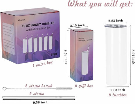 6 Pack 20 Oz Straight Skinny Tumblers,Individually Gift Boxed Stainless Steel Slim Skinny Tumbler Set Bulk, 20 Oz Insulated Slim Thin Travel Tumbler Cup for Diy, White