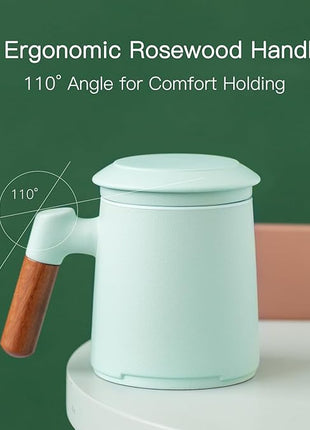 ZENS Tea Cup with Infuser and Lid for Loose Leaf Steeping, 16.9oz Embossed Ceramic Tea Infuser Mug, Wood Handle Tea Diffuser, Great Gift