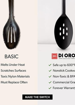 DI ORO Silicone Spoons for Cooking - Large Kitchen Spoons for Mixing, Serving, & Stirring - 600°F Heat-Resistant Non Stick Utensils – Big Solid & Slotted - Dishwasher Safe (2pc, Black)