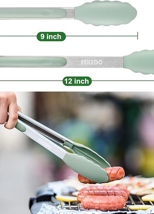 Kitchen Tongs, Stainless Steel Silicone Tongs for Cooking 600ºF High Heat-Resistant BBQ Grilling Locking Tongs, Set of 2-9" and 12" Light Green
