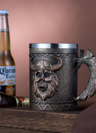 Arola Viking Axe Mug, Stainless Steel Horn Beer Cup, Viking Warrior Skull Cup Tankard, Drinking Cup Coffee Beer Steins,Medieval Skull Drinkware Mug for Coffee/Beverage/Juice17oz Gift for Men
