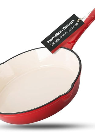 Hamilton Beach Enameled Cast Iron Fry Pan 8-Inch Red, Cream Enamel coating, Skillet Pan For Stove top and Oven, Even Heat Distribution, Safe Up to 400 Degrees, Durable