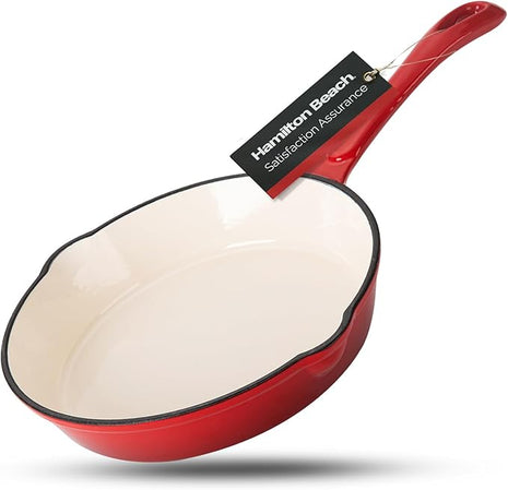 Hamilton Beach Enameled Cast Iron Fry Pan 8-Inch Red, Cream Enamel coating, Skillet Pan For Stove top and Oven, Even Heat Distribution, Safe Up to 400 Degrees, Durable