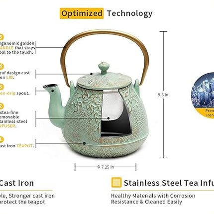 Toptier Tea Kettle for Stove Top, Cast Iron Teapot Stovetop Safe with Infusers for Loose Tea, 54 oz, Light Green