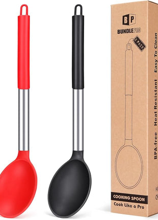 Pack of 2 Large Silicone Cooking Spoon Non Stick Solid Basting Spoons Heat-Resistant Kitchen Utensils for Mixing Serving (Black-Red)