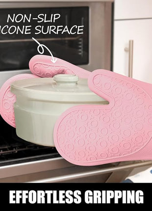 Rorecay 6pcs Oven Mitts and Pot Holders Sets for Kitchen, Extra Long Non-Slip Silicone Oven Gloves Heat Resistant 500 Degrees Potholders Hot Pads for Baking Cooking, Quilted Liner, Pink