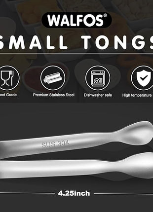 Walfos Mini Tongs for Serving Food, Small Stainless Steel Kitchen Tongs for Appetizers, Sugar, Desserts, Tea Party, Coffee Bar, Set of 12 (Silver)