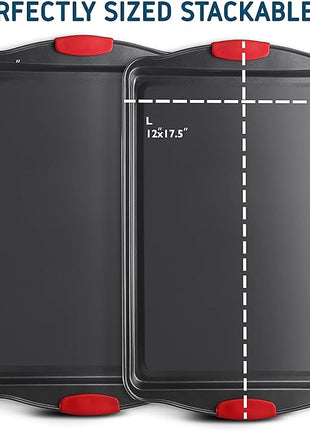 Baking Sheet Set, 2-Piece Large Cookie Sheet Set with Silicone Handles, Steel Baking Pan, Baking Sheets for Oven, BPA Free Cookie Sheets for Baking Nonstick Set, Premium Sheet Pan, Black Baking Tray