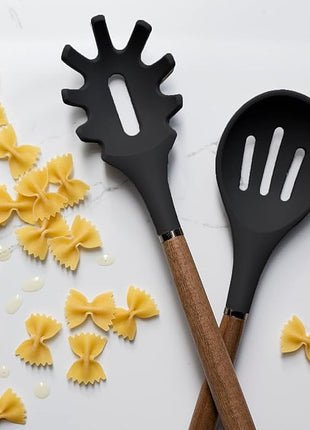 Country Kitchen Non Stick Silicone Utensil Set with Rounded Wood Handles for Cooking and Baking, 8 Piece Set, Black