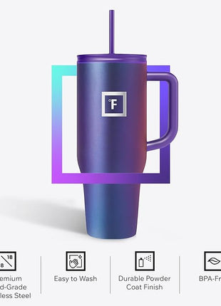 IRON °FLASK Co-Pilot Insulated Mug w/Straw & Flip Cap Lids - Cup Holder Bottle for Hot, Cold Drink - Leak-Proof - Water, Coffee Portable Travel Mug - Dark Rainbow, 40 Oz