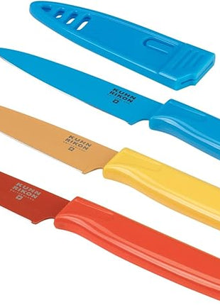 Kuhn Rikon Straight Paring Knife with Safety Sheath, 4 inch/10.16 cm Blade, Red, Yellow & Blue (Pack of 1)