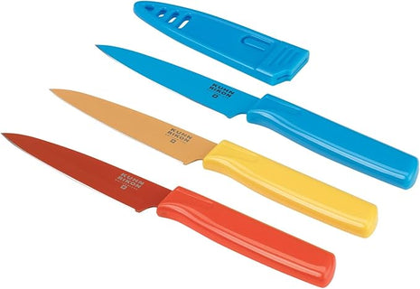 Kuhn Rikon Straight Paring Knife with Safety Sheath, 4 inch/10.16 cm Blade, Red, Yellow & Blue (Pack of 1)