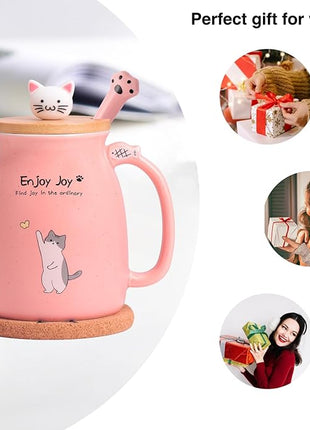 Cute Cat Cup Ceramic Coffee Mug with Kawaii Cat Wooden Lid, Lovely Stainless Steel Spoon, Anime Kitty Thicken Wooden Coaster, Christmas Birthday Cute Thing Japanese Mug 16oz (Pink)