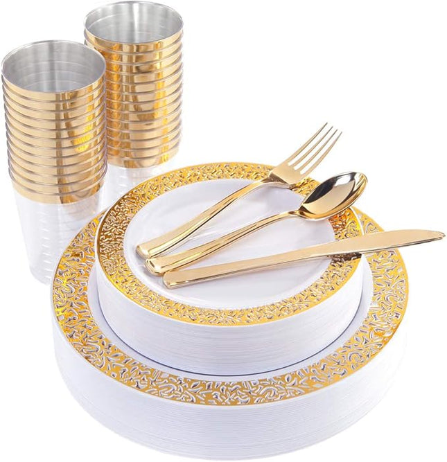 WELLIFE 175 PCS Gold Plastic Plates, Gold Rim Plastic Dinnerware Set, Includes: 25 Dinner plates, 25 Salad Plates, 25 Tumblers 9oz, 50 Forks, 25 Knives and 25 Spoons for Party
