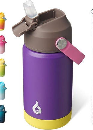 BJPKPK Insulated Water Bottle with Straw Lid, 12oz Thermo Water Bottles with Soft Nozzle, Flex Handle & Non-slip Boot, BPA Free Leak Proof Stainless Steel Metal Thermo, Tumblers, Cups,Violet