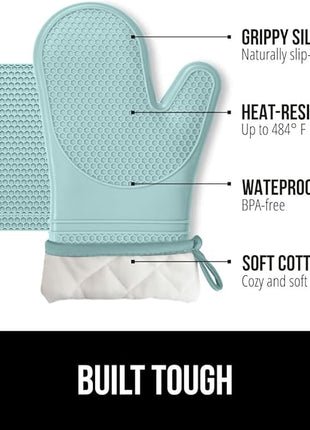 GORILLA GRIP BPA-Free Soft Silicone Oven Mitts and Pot Holders Sets of 4, Heat Resistant Waterproof Cooking Gloves, Thick Cotton Lining, Flexible Gripping for Baking Grilling, Kitchen Trivets, Mint