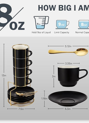 Lareina 8 Ounce Porcelain Cappuccino Cups Set of 4, Stackable Coffee Cups with Saucers, Spoons and Metal Stand -for Specialty Coffee Drinks, Cappuccino, Latte, Americano and Tea, Black