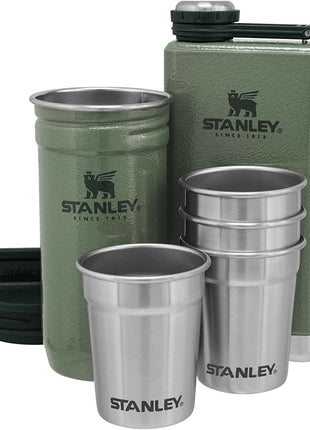 Stanley Adventure Pre-Party and Nesting Shot Glass Set | 8 oz Leakproof Hip Flask | 4 Shot Glasses in Travel Carrying Case | Insulated Stainless Steel Liquor | BPA-Free | Hammertone Green