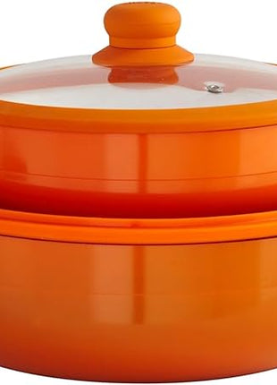 IMUSA USA 2 Piece Orange Ceramic Interior Caldero Set with Orange Silicone Rim and Glass Lid