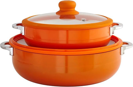 IMUSA USA 2 Piece Orange Ceramic Interior Caldero Set with Orange Silicone Rim and Glass Lid