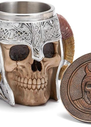Stainless Steel Viking Skull Mug+Coaster,Double Handle Horn Skull Beer Mug Tankard, Medieval Drinkware Mug for Coffee/Beverage/Juice17oz.
