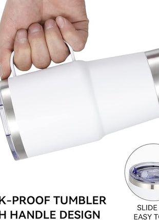 VEGOND 20 oz Tumbler with Handle Lid and Straw, Stainless Steel Insulated Travel Coffee Mug Spill Proof Double Wall Metal Tumbler Cup Keeps Drink Hot and Cold, White 1 Pack