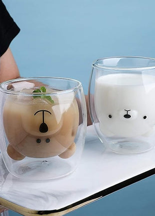 Cute Mugs Double Wall Glass Coffee Glass Cup Kawaii Bear Tea Milk Cup Funny Mug Animal Mug Aesthetic Cup for Office and Personal Birthday Gift (Happy bear)