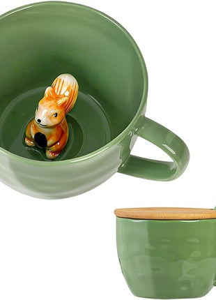 Squirrel Gifts for Women Men Cute Squirrel Ceramic Mug Hidden 3D Animal Inside Unqiue Coffee Mug Tea Cup with Lid Spoon Cool Stuff Home Decor Christmas Birthday Gifts for Her Friends Sisters Besties