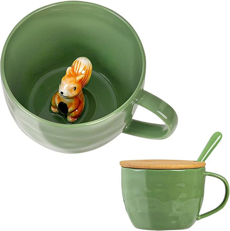 Squirrel Gifts for Women Men Cute Squirrel Ceramic Mug Hidden 3D Animal Inside Unqiue Coffee Mug Tea Cup with Lid Spoon Cool Stuff Home Decor Christmas Birthday Gifts for Her Friends Sisters Besties