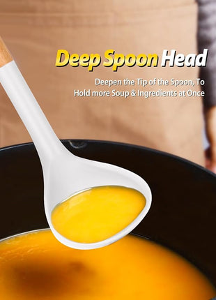 Silicone Pasta Fork and Ladle Spoon Set with Wooden Handle, Heat Resistant Non Stick Kitchen Utensils for Cooking, Stirring, Serving Spaghetti, Soup, Sauce(WHITE)
