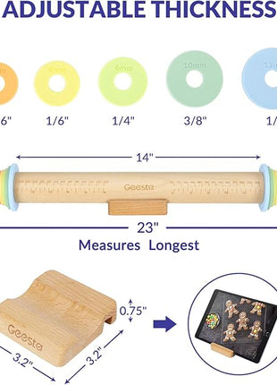 Geesta Adjustable Wood Rolling Pin with 5 Thickness Rings, Precise Dough Roller Handle Press Design with Measurement Guide for Baking Fondant, Pie Crust, Cookie, Pastry - Baking Essential