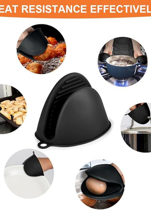 AUAUY 1 Pair Mini Silicone Oven Mitts, Heat Resistant Pot Holders Mitts, Cute Oven Pinch Grip Gloves, Small Potholders for Kitchen, Air Fryer Mitts Pair for Cooking, Baking and Grilling (Black)