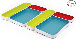 Three by Three Seattle 6 Piece Shallow Metal Organizer Tray Set for Storing Makeup, Stationery, Utensils, and More in Office Desk, Kitchen and Bathroom Drawers (1 Inch, Multicolor)