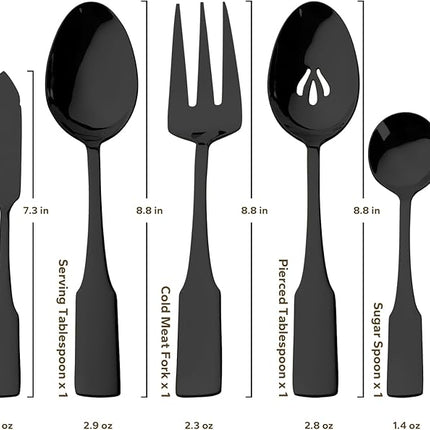 Alata Kate Black Mirror 45-Piece Silverware With Utensil-Serving Set, Service for 8, Stainless Steel Flatware, Mirror Polished Cutlery, Dishwasher Safe