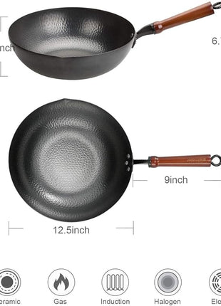 BIELMEIER 12.5" Wok Pan- Woks and Stir Fry Pans, Carbon Steel Wok, Flat Bottom Wok with Lid Suits for all Stoves