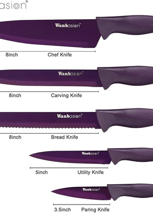 Wanbasion Purple 5 Piece Knife Set for Kitchen Professional, Stainless Steel, Kitchen Knife Set Dishwasher Safe with Covers