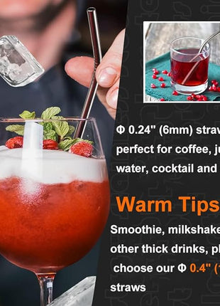 Vinaco Stainless Steel Straws Reusable, 12 Pack 8.5" & 10.5" Metal Straws 0.24" for 20 oz - 32 oz Tumblers, Long Drinking Straws with Cleaning Brush for Coffee, Juice, Cocktail and Hot Drinks