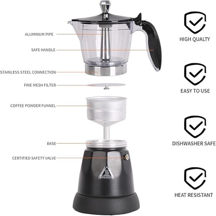 Cuban Coffee Maker, 6 or 3cup Electric Espresso Coffee Maker, Portable Cafeteras Electricas Modernas, Electric Moka Pot with Detachable Base & Overheat Protection, Coffee Gift for Home Travel