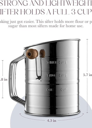 Bellemain 3 Cup Flour Sifter for Baking Fine Mesh Rotary Hand Crank with Loop Agitator for Quick Sifting, Flour Sifter Stainlees Steel